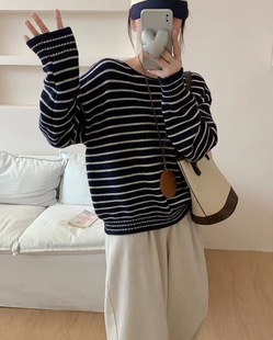 美式 上衣 撞色毛绒绒慵懒风套头毛衣女秋冬季 小众氛围感宽松针织衫