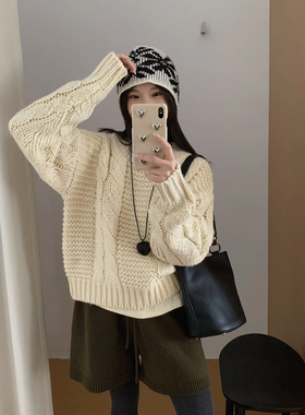 韩系设计感麻花加厚圆领套头毛衣女秋冬新款设计感百搭针织衫上衣