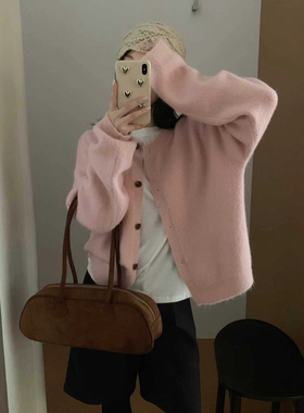 韩系气质款兔毛单排扣纯色针织衫上衣女秋冬新款基础款百搭毛衣女