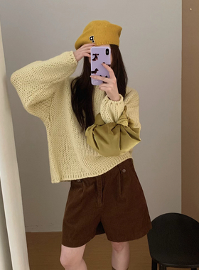 韩系慵懒风粗针一字领套头毛衣女秋冬新款加厚宽松百搭针织衫上衣