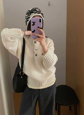 韩系简约风纯色圆领宽松针织衫女秋冬新款百搭毛衣上衣