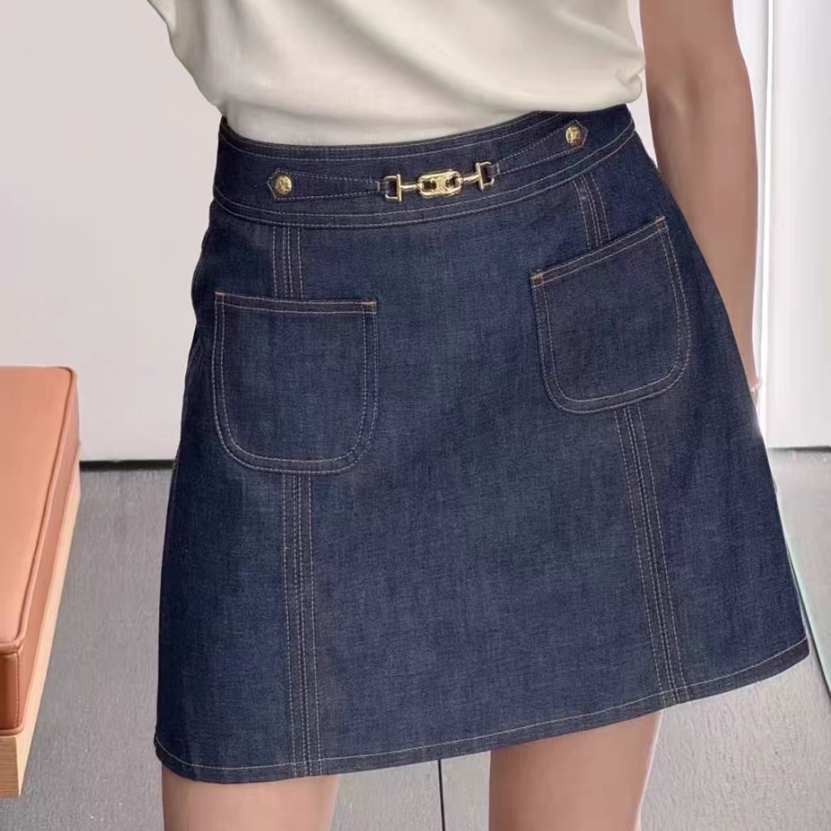 夏季新款金扣链条装饰高腰百搭A字牛仔半身裙女  短裙女