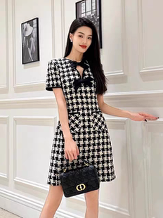 杨紫明星同款小香风千鸟格蝴蝶结短袖连衣裙女秋季气质显瘦短裙子