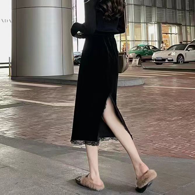 黑色丝绒半身裙女春秋冬气质