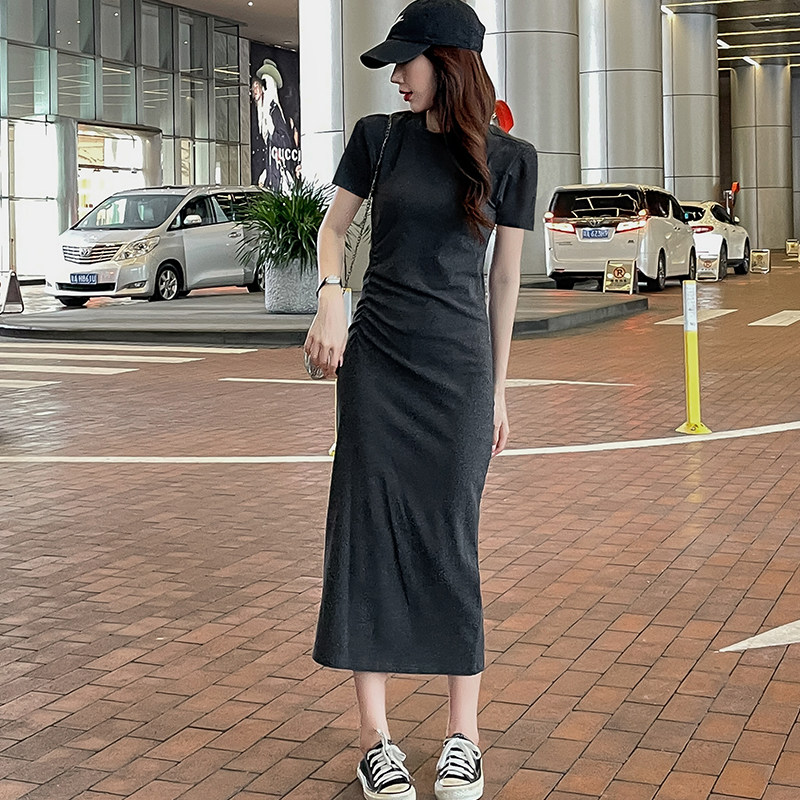 冷淡风圆领短袖连衣裙女夏季法式复古收腰气质连衣裙褶皱过膝长裙