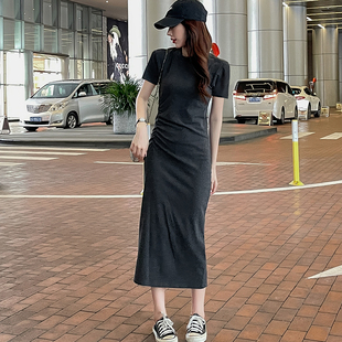 冷淡风圆领短袖连衣裙女夏季法式复古收腰气质连衣裙褶皱过膝长裙