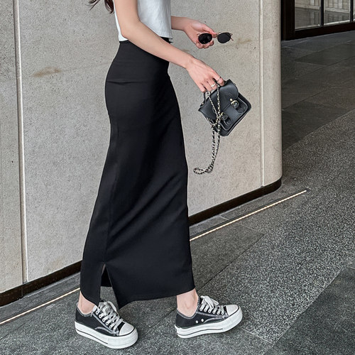 黑色直筒垂感半身裙长裙侧开叉裙