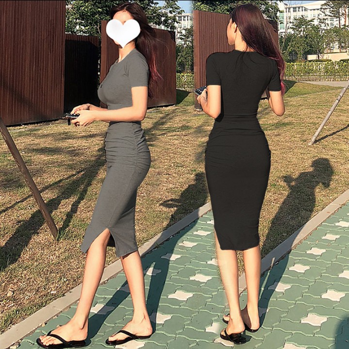 性感莫代尔紧身连衣裙女2025夏季女装中长款开叉打底裙包臀连衣裙