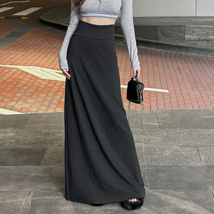 针织半身裙加长款灰色显高显瘦高腰a字长裙及踝秋冬款古风拖地裙