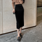 金丝绒半身裙女小个子包臀裙秋冬新款 高腰开叉褶皱复古显瘦一步裙