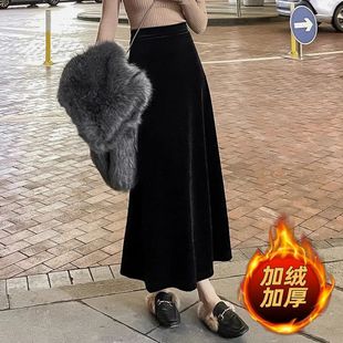 加绒裙子金丝绒A字裙女秋冬季 裙 百搭气质裙显瘦丝绒半身裙中长款
