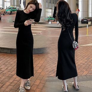 棉质春秋连衣裙女2026新款打底修身长裙开叉内搭裙子长款休闲裙春