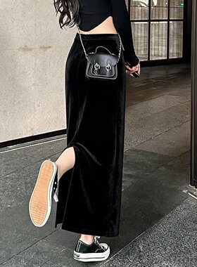 黑色金丝绒垂感半身裙女秋冬包臀