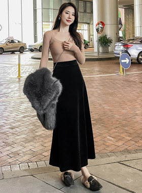 金丝绒半身裙女坠感半身长裙