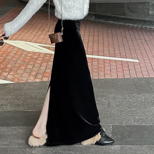 金丝绒半身裙女黑色加长款长裙