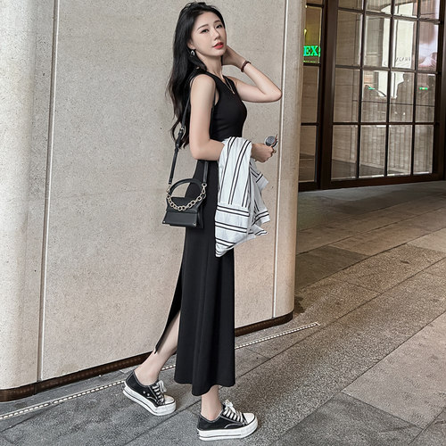 后开叉紧身吊带连衣裙长裙女
