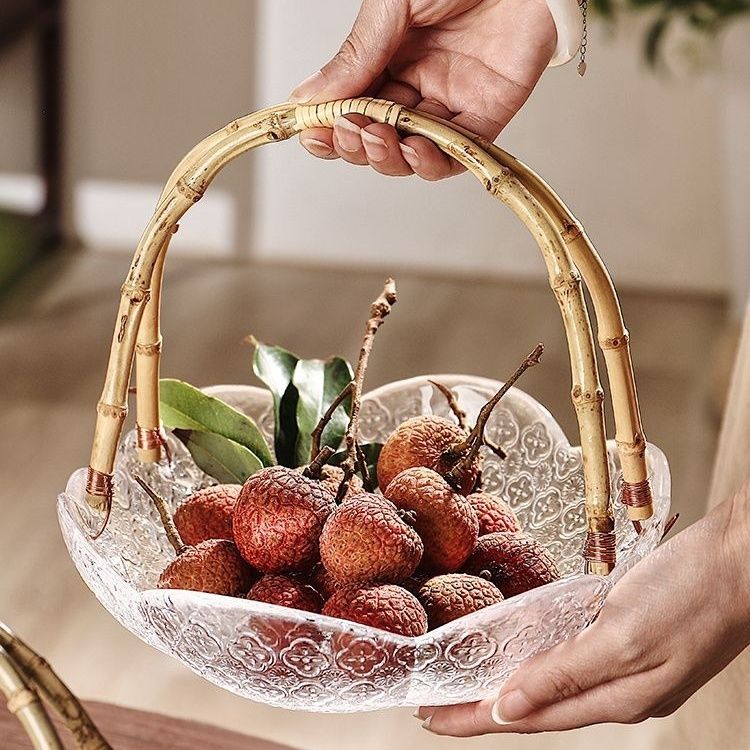 藤编竹编果篮玻璃水果盘客厅家用新款轻奢风高档茶几双耳果盘