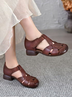 真皮包头凉鞋女3CM中低跟软底妈妈鞋休闲舒适棉麻风罗马女鞋夏季