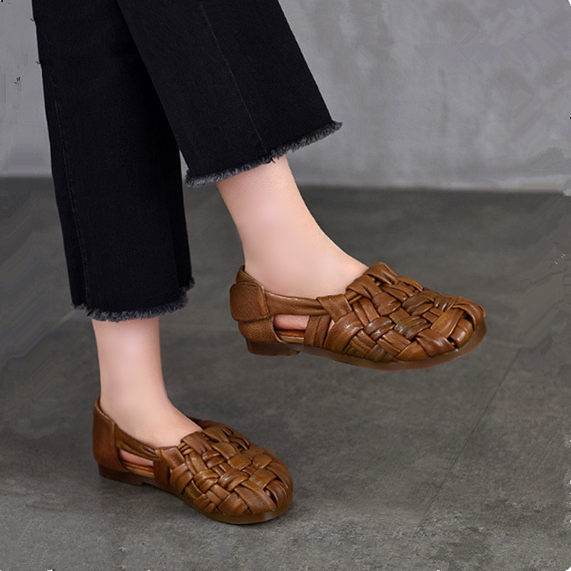 头层牛皮手工编织平底罗马凉鞋女真皮软底镂空猪笼鞋2026夏季新款