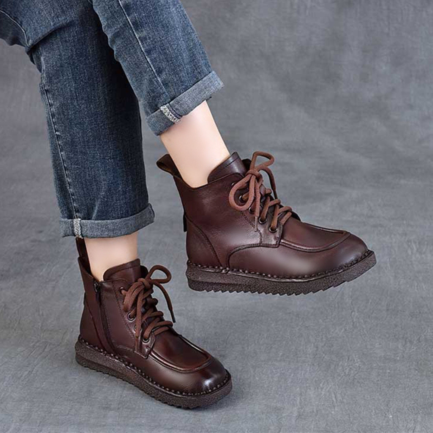 2025新款头层牛皮短靴女单靴平底马丁靴软底软面休闲舒适高帮女鞋,女鞋,时装靴,淘宝优惠券,粉丝福利购,淘宝优惠卷