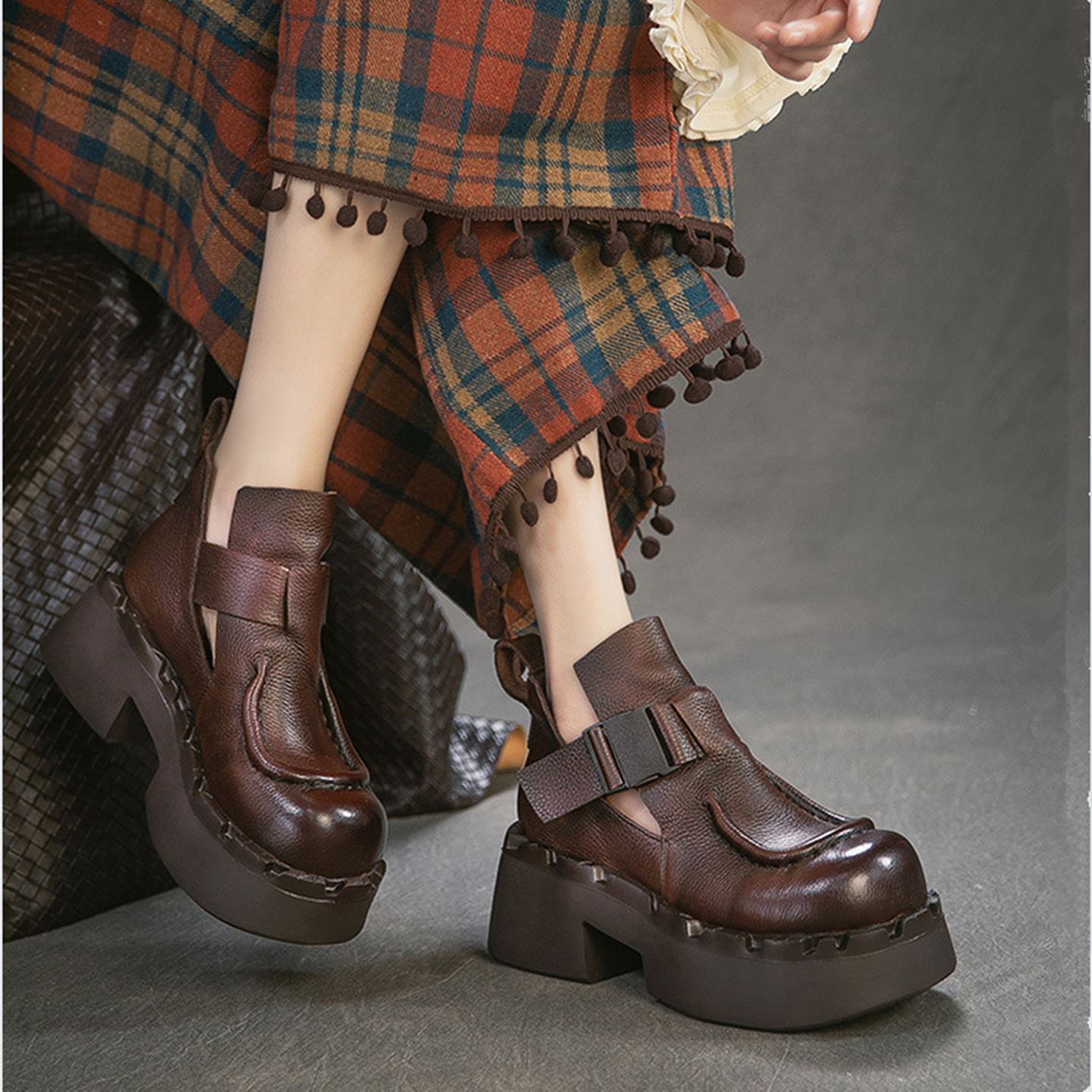 复古风头层牛皮深口单鞋女厚底粗跟高跟小个子增高英伦风罗马皮鞋,女鞋,深口单鞋,淘宝优惠券,粉丝福利购,淘宝优惠卷