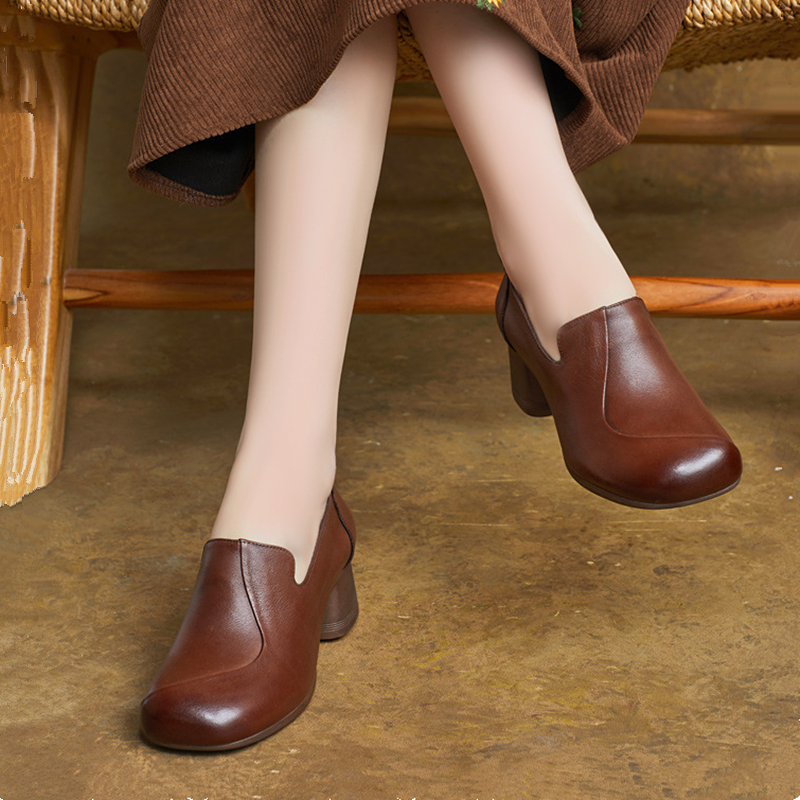 头层牛皮复古粗跟单鞋女春秋款中跟舒适中年妈妈鞋一脚蹬女士皮鞋