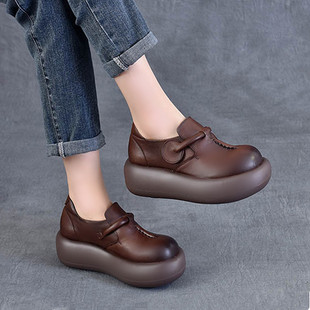 头层牛皮复古单鞋女坡跟2026新款春秋松糕鞋厚底增高圆头女皮鞋