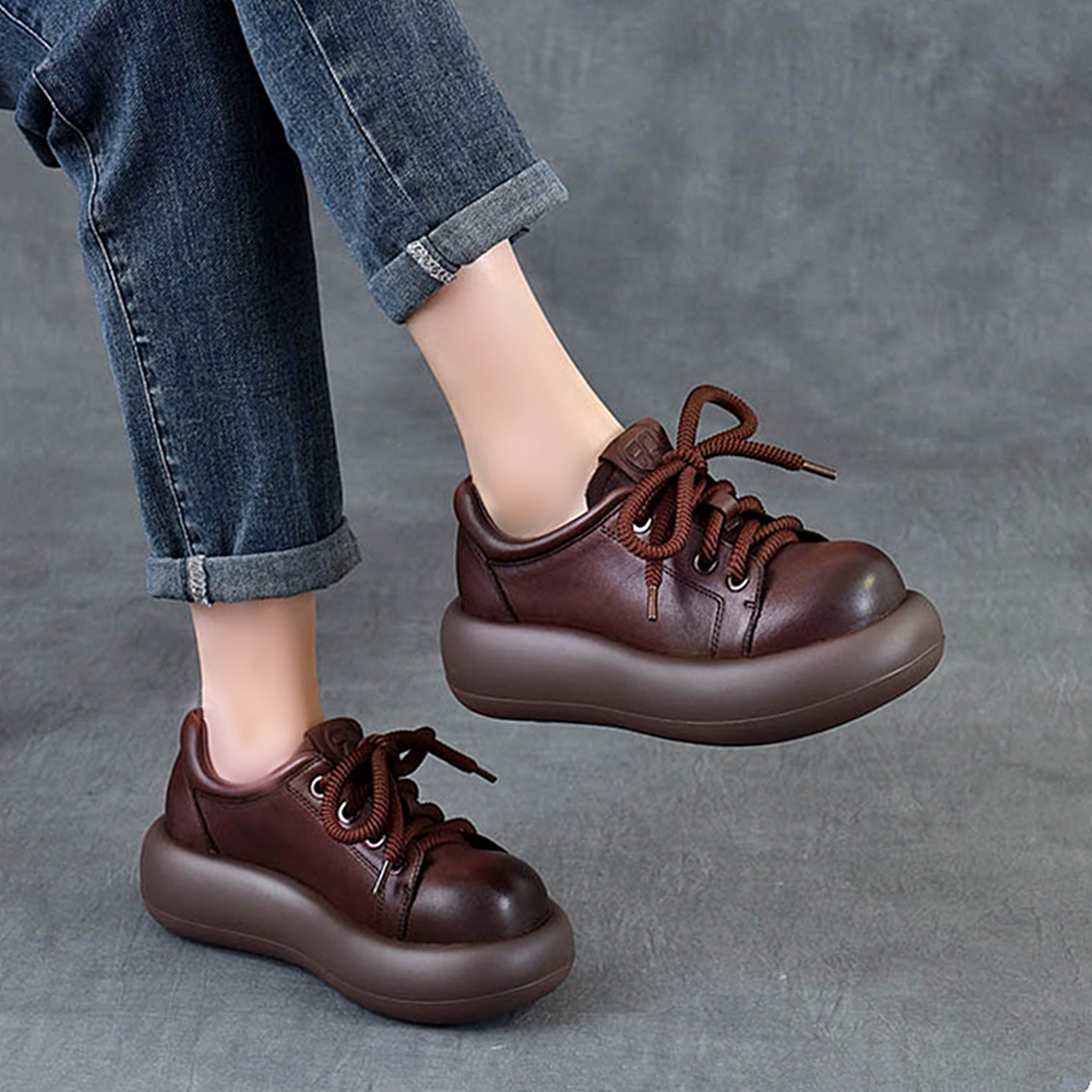 2025春秋季新款厚底松糕鞋女小个子增高圆头系带休闲鞋大头皮鞋