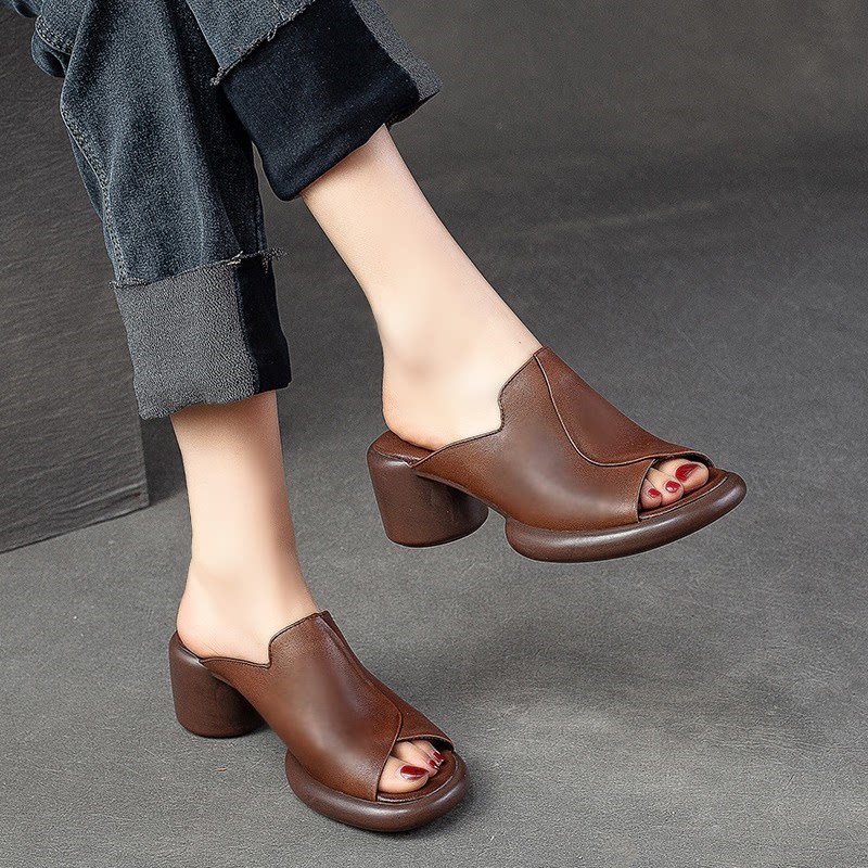 真皮粗跟凉拖鞋女夏季外穿时尚透气软底舒适防滑显高百搭皮拖凉鞋
