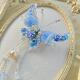 高档原创精致手工珠绣刺绣渐变蓝蝴蝶发夹胸针带流苏古风古装 配饰