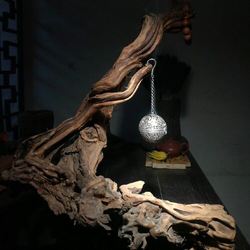 木雕根雕风化木底座纹银铜器铜雕镂空香炉球挂件手工香道禅意包邮