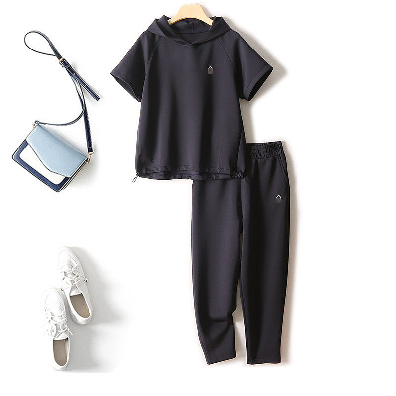 반팔 후드 티셔츠 9부 팬츠 에어 코튼 신축성 편안한 여름 얇은 패션 정장 여성 투피스 세트