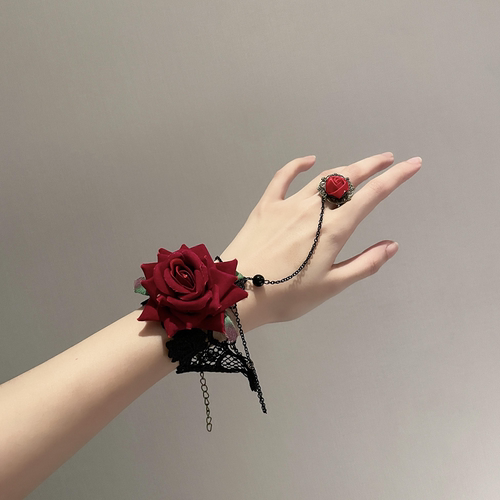 朋克风蕾丝手腕复古哥特配饰手链lolita手饰手套万圣节玫瑰花红色