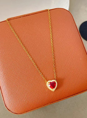 轻奢微镶锆石红色爱心锁骨链