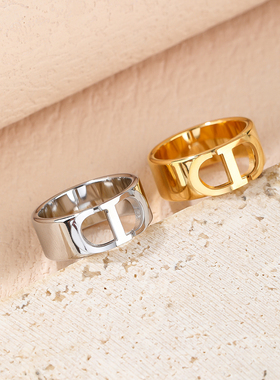 简约金属字母开口戒指男女百搭个性指环金银色对戒饰品