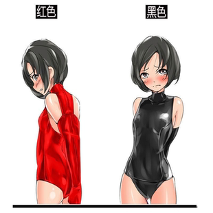 无袖高领后背单手套三角束手泳装COS油面乳胶氨红色黑色连体衣