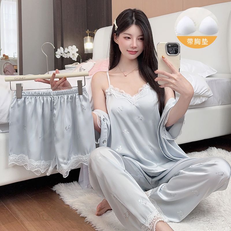夏季凉感冰雪丝带胸垫睡衣套装