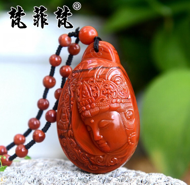 梵菲梵 凉山南红观音菩萨吊坠柿子红九口纯天然原石苏工雕件项链