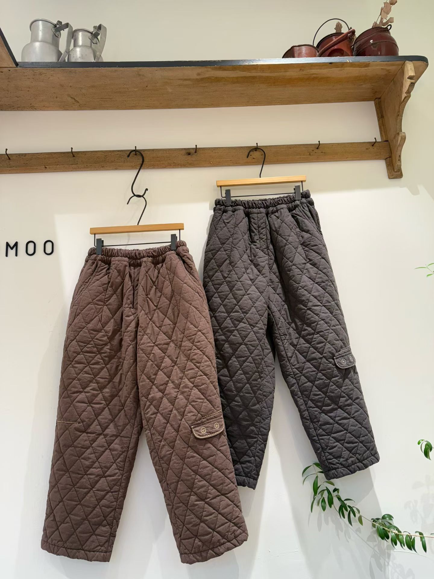 韩国namoo松紧腰菱格棉保暖直筒休闲裤