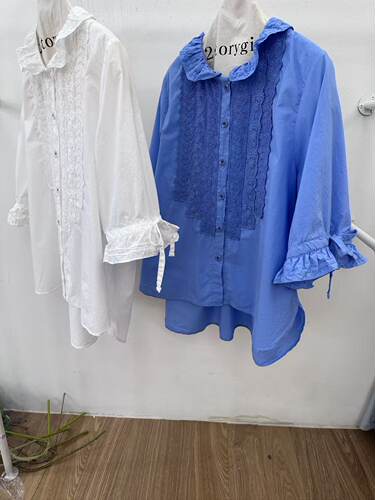 韩国2storyginy娃娃领拼接蕾丝七八分袖衬衣