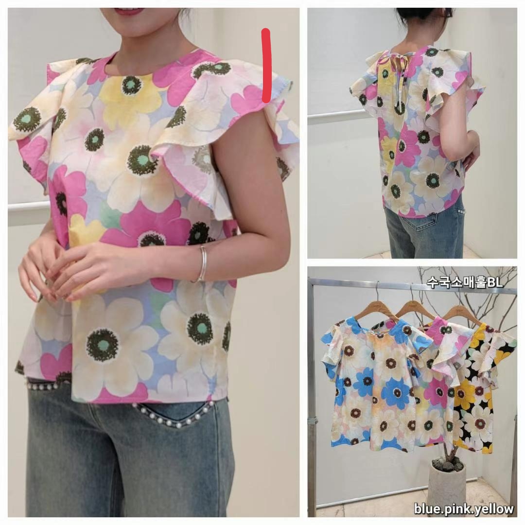 韩国sugar（现货）圆领荷叶袖上衣