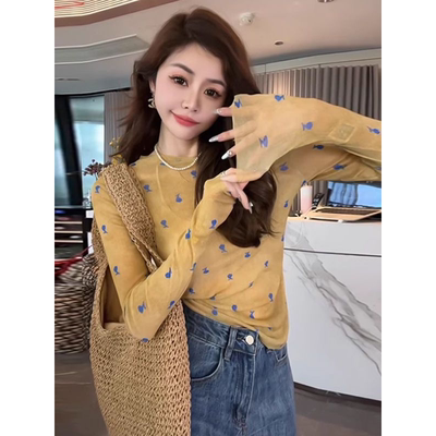 AR原创小众花卉印花网纱打底衫基底衣时尚修身长袖可外穿薄款内搭