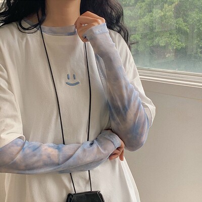 扎染冰丝网纱打底衫内搭长袖t恤女夏新款薄款速干上衣防晒罩衫潮