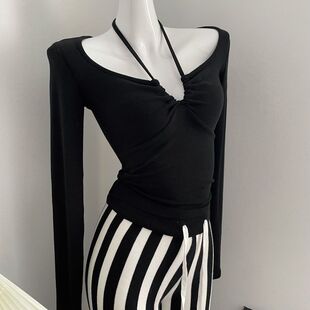 长袖 约会纯欲氛围感王炸高品上衣内搭 挂脖T恤百搭自制多种穿法