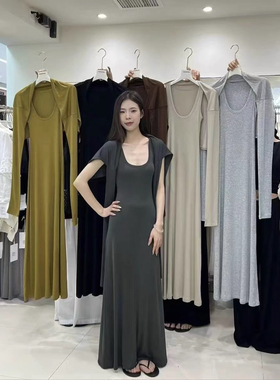 TOMORROW ANN新款2025夏季U领披肩无袖修身连衣裙气质显瘦长裙女