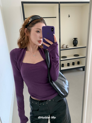 假两件修身显瘦方领长袖T恤女