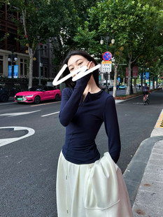 十三行2025早秋HUMSMR极简风圆领修身半拉链长袖小衫上衣T恤女潮