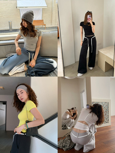 ALL IN新款2025夏季韩版个性后露背修身显瘦短袖圆领T恤纯色上衣