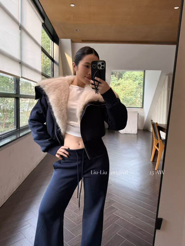 毛领拉链卫衣短款保暖外套女