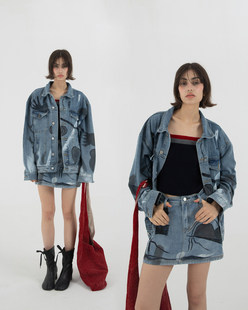 2025早秋款INSS韩版宽松慵懒风涂鸦牛仔外套+半身裙两件套套装女